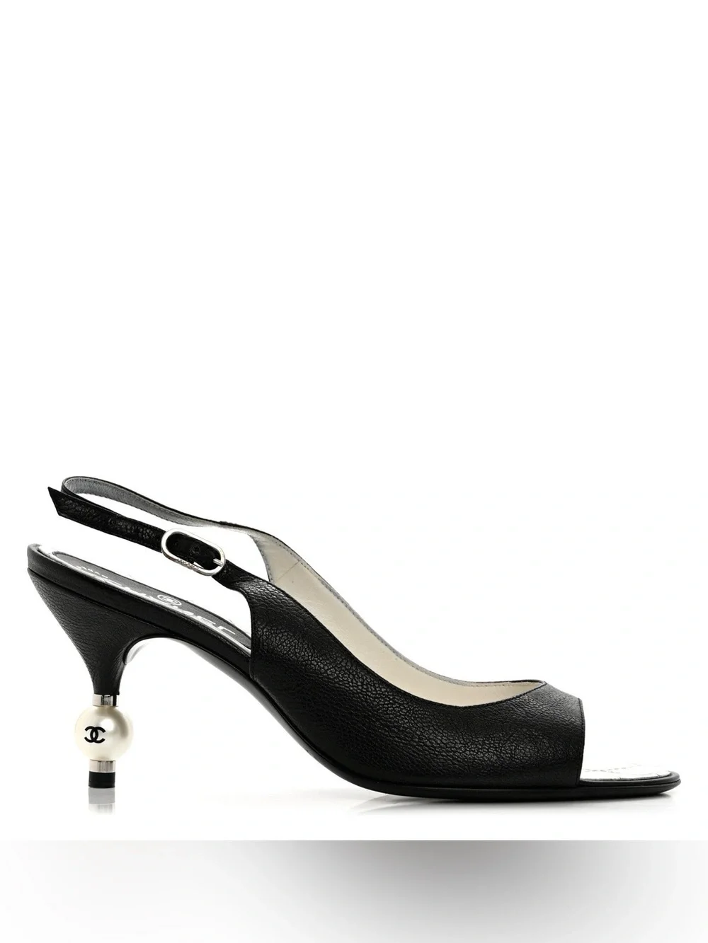 CHANEL Black Open Toe Slingback Pearl Heel